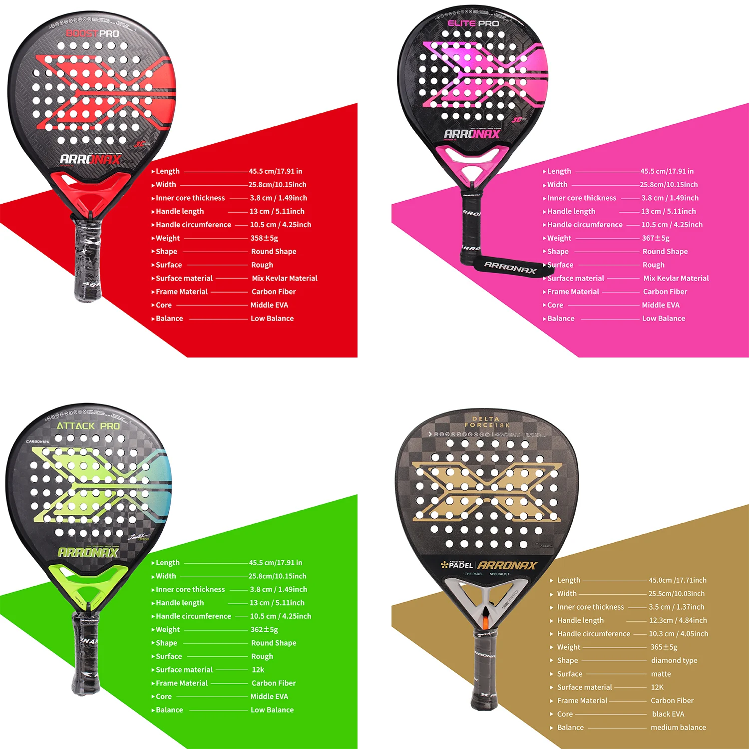 Arronax Padel Tennis Racket 18K 12k Carbon Fiber Surface Treatment EVA Memory Soft Foam Core Padel Racket