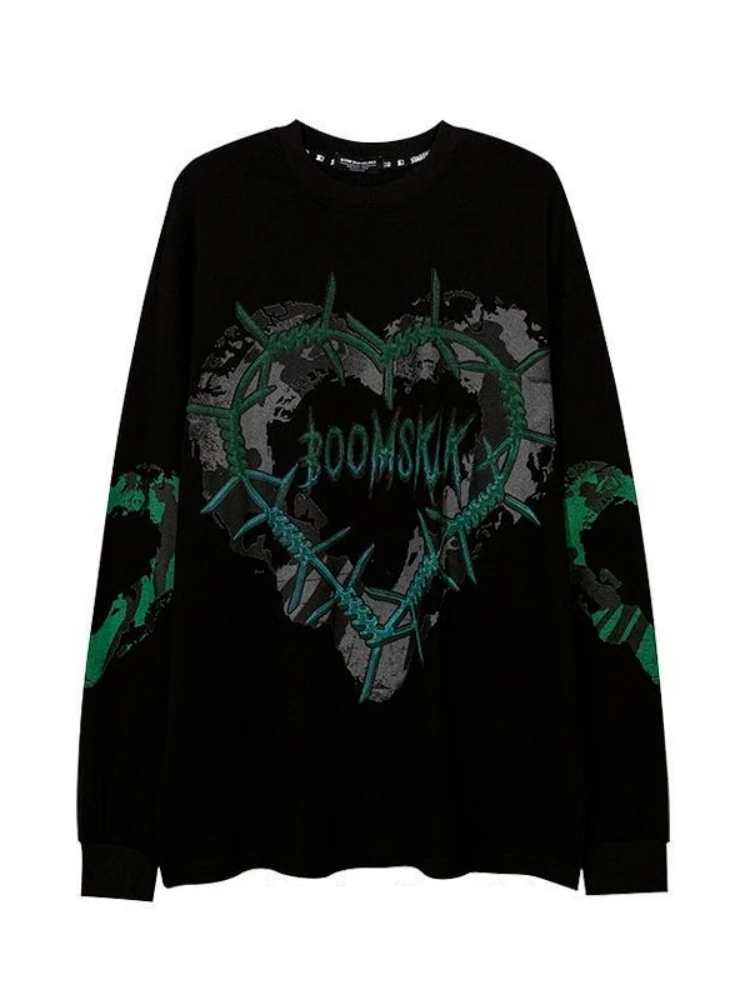 

Deeptown Gothic Punk Green Print Long Sleeve T-shirts Women Grunge Oversize Harajuku Streetwear Hippie O-neck Black Top Pullover