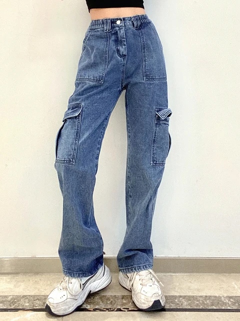 Weekeep Pockets Patchwork Baggy Jeans Fashion Streetwear 100% Cotton Women Denim Trouser Loose Cargo Pants Korean Jeans Harajuku as picture