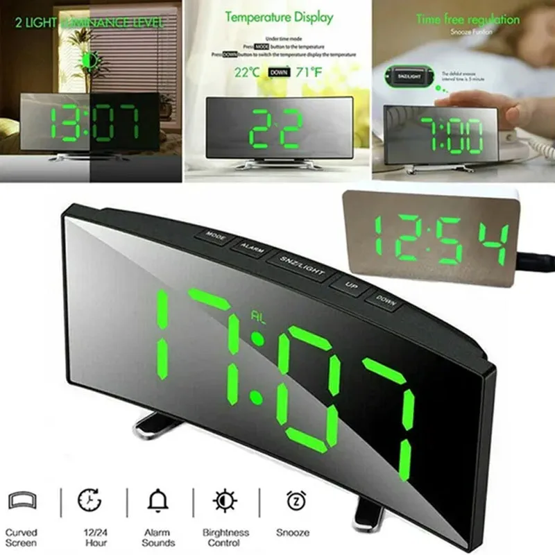 

LED Screen Curved Dimmable Digital Alarm Clock Large Table Clock Display TemperatureMirror Snooze LED Alarm Clock Room Decor