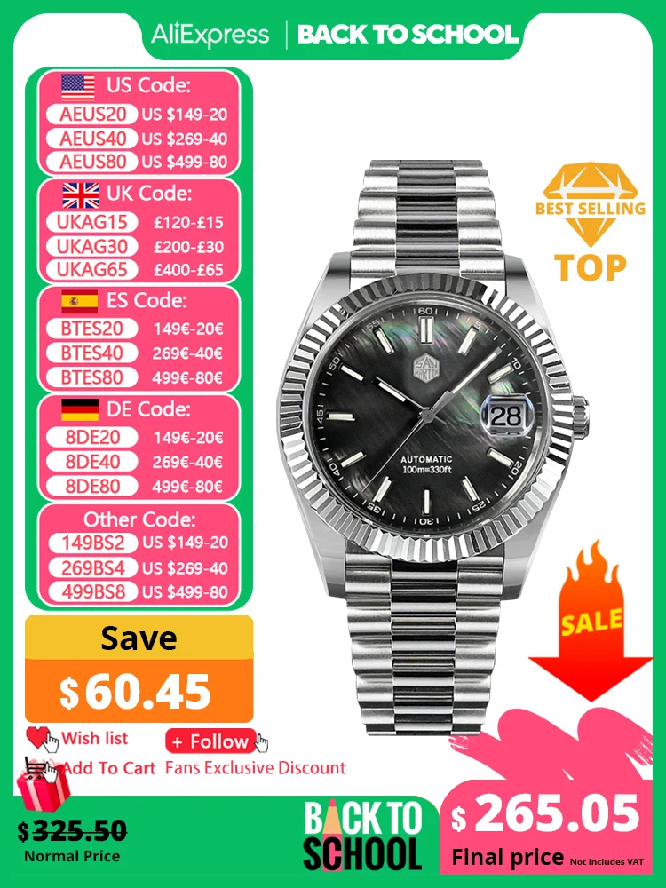 Mechanical Watch San Martin Men Watch 40mm Vintage MOP Dial Retro Business Luxury Sapphire PT5000 Automatic Mechanical Carving Fluted Bezel 10Bar