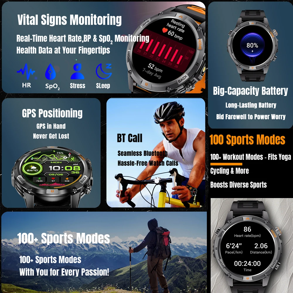 T-Rex 3 Military Rugged Smart Watch Men's 580 mAh Battery Built-in GPS Altimeter 3ATM Waterproof Talking 170+ Sport Smartwatch