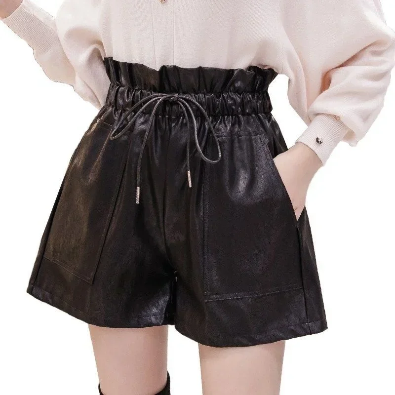 New High Waist Laced Up Shorts Flower Bud Wide Leg Leather Shorts Autumn Winter Korean Loose High Street Black Sexy Women Shorts