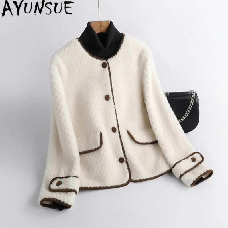 

Elegant AYUNSUE Granular Wool Jacket for Women New Autumn Winter Short Sheep Shearing Coat Round-neck Ladies Coats and Jackets