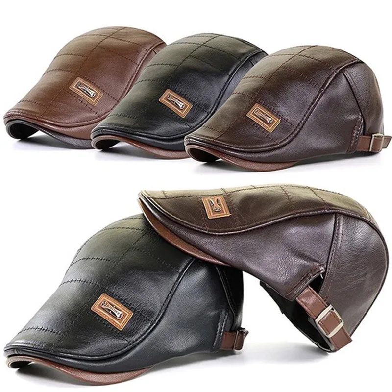 Men Fashion Retro PU Leather Beret Hats Autumn Winter Leather Beret Hat Middle-aged Men's Visor Warm Flat Peaked Cap Adjustable beret hat,woolen beret