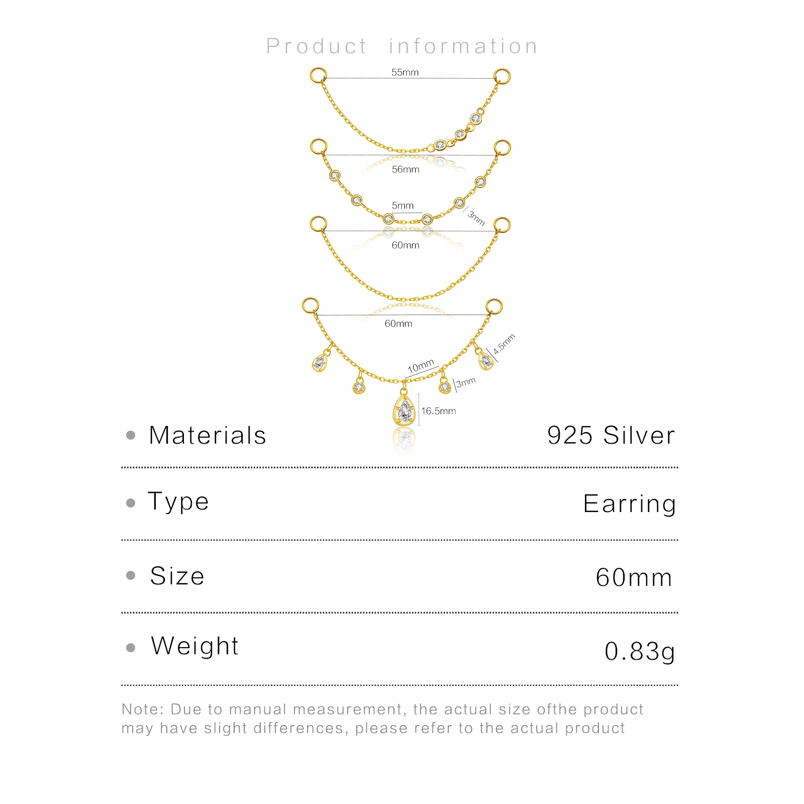 ANDYWEN 925 Sterling Silver 5.5cm 6cm Spare Parts Chains For Stud Earring Piercing Hoops Drop Earring Women Fine Jewelry Gift 6