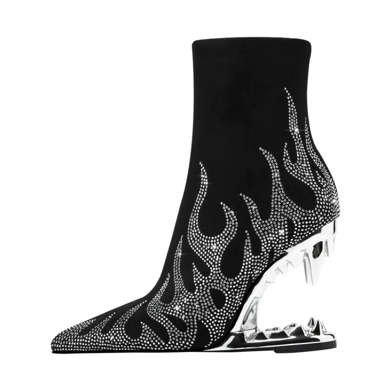 

2023 Zebra Short Boots 36-43 Wolf Teeth Heel Fashion Autumn Boots Pointed Rhinestone Elastic Internet Celebrity Women's Boots