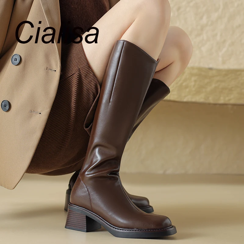

Cialisa Women Long Boots 2023 Autumn Winter Fashion Genuine Leather Knee-High Boots High Heel Boot For Lady Black Brown Sizes 41