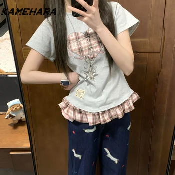 KAMEHARA American Retro Plaid Lace O Neck Short Sleeve Tee Summer Harajuku Irregular Slim Fit Top Japanese Y2k Versatile T-shirt 1