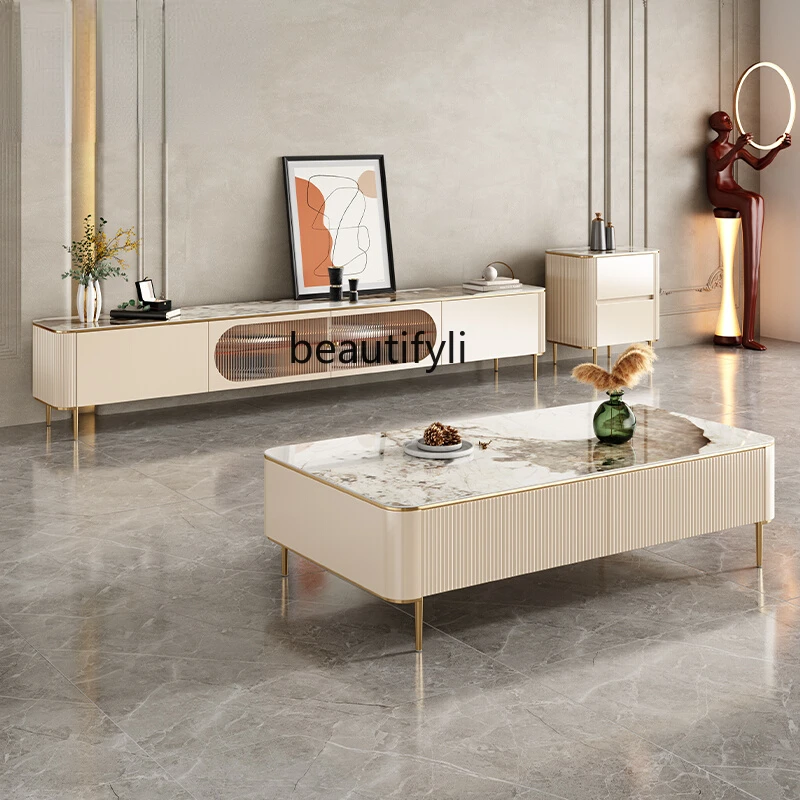 

LBX Light Luxury Stone Plate TV Cabinet Modern Minimalist Pandora Bright Surface Baking Finish Tea Table