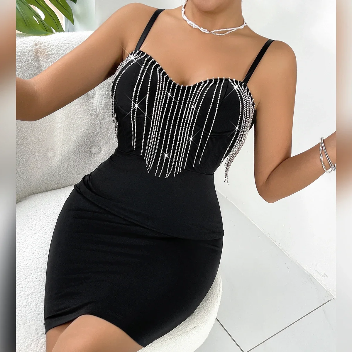

Zik Hekiy Fashion Sexy Club Party Glitter Rhinestone Chain TASSEL Halter Dress,Nightclub Backless Spaghetti Strap Slim Hip Skirt