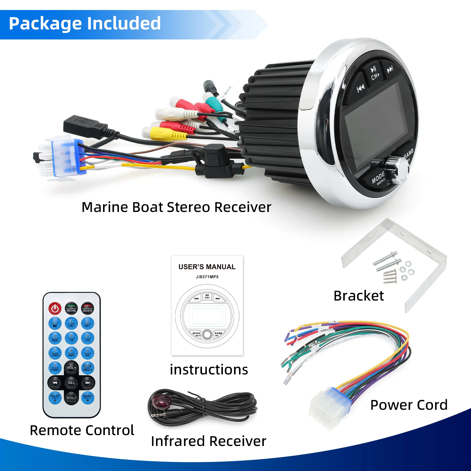 MP5 Boat Radio Marine Stereo Source Media Player AM FM RDS Receiver MP5 Video Play Bluetooth-compatible AUX for ATV UTV SPA RZR
