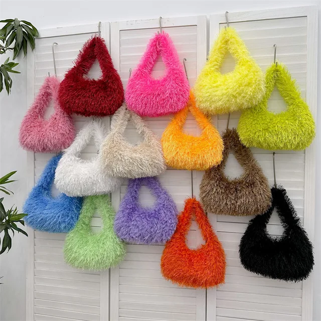 Solid Color Faux Fur Women's Furry Shoulder Bag Sweet Winter Plush Ladies Tote Handbags Simple Female Underarm Bags Purse Clutch