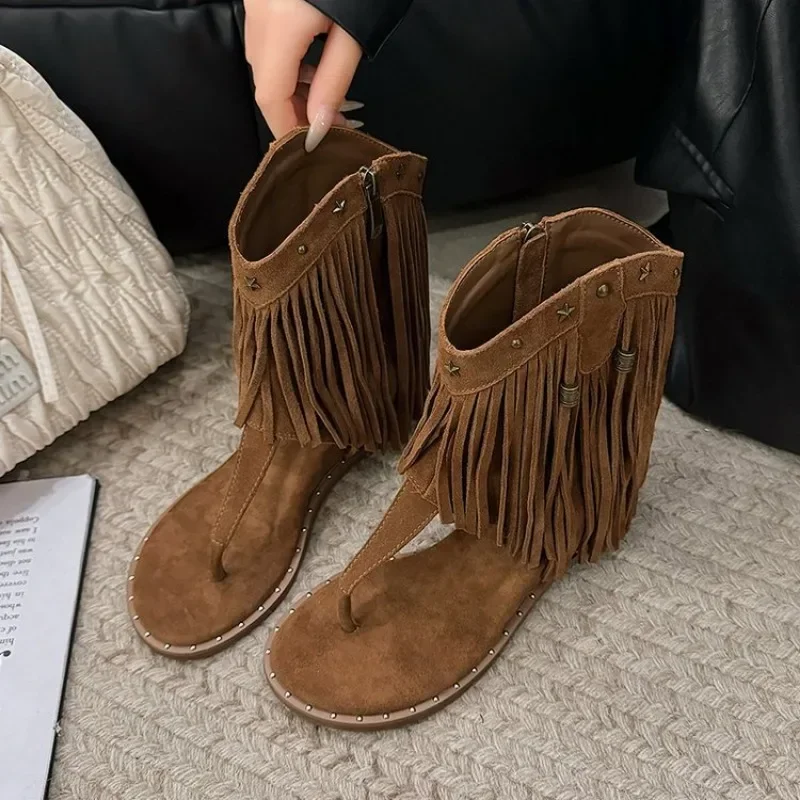 Stylish Women Open-toed Sandals 2024 Leather Fringe Design
