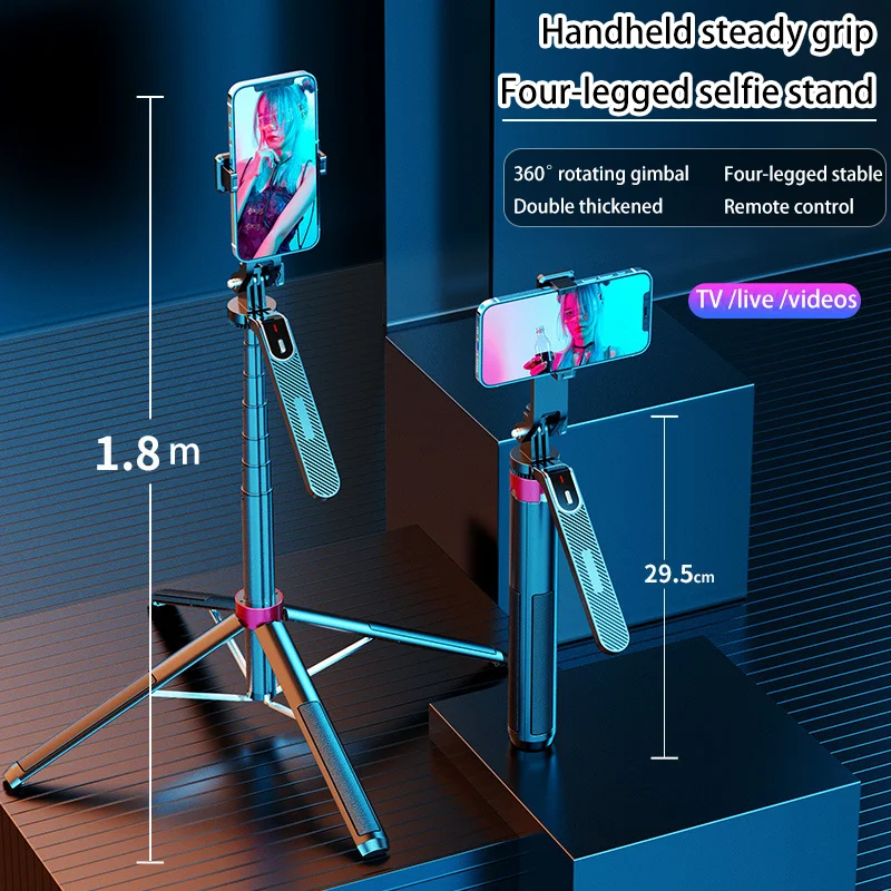 Selfie Stick 1.8M Bluetooth With 4-Leg Tripod & Stabilizer Portable Phone Holder For Live Streaming/Vlogging/Photography
