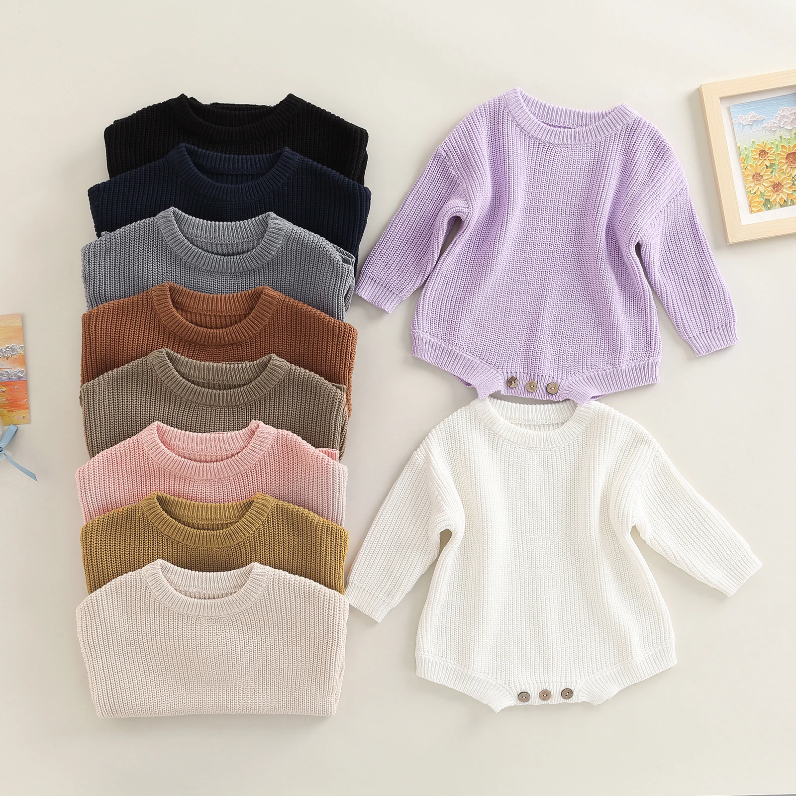 2022-07-28 Lioraitiin 0-24M Newborn Baby Boy Girl Knitting Ribbed Surface Round Neck Long Sleeve Solid Crotch Button Bodysuit