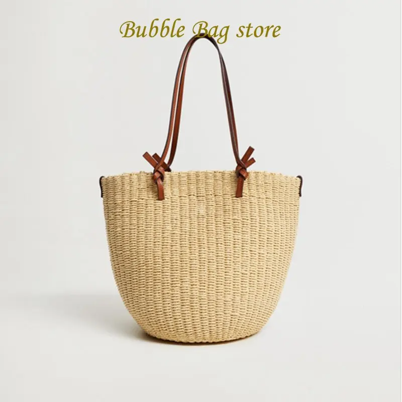 

Designer Straw Bag Large Capacity Buckets Bag Rattan Women Shoulder Bag Wicker Woven Handbags Luxury Summer Beach Big Tote Purse