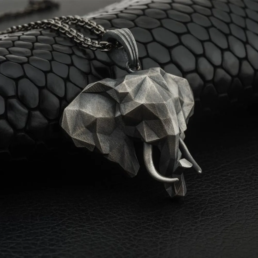 3D Elephant Head Pendant Necklace Feng Shui Inviting Wealth Animal Choker Necklace for Women and Men Sweater Chain Lucky Jewelry