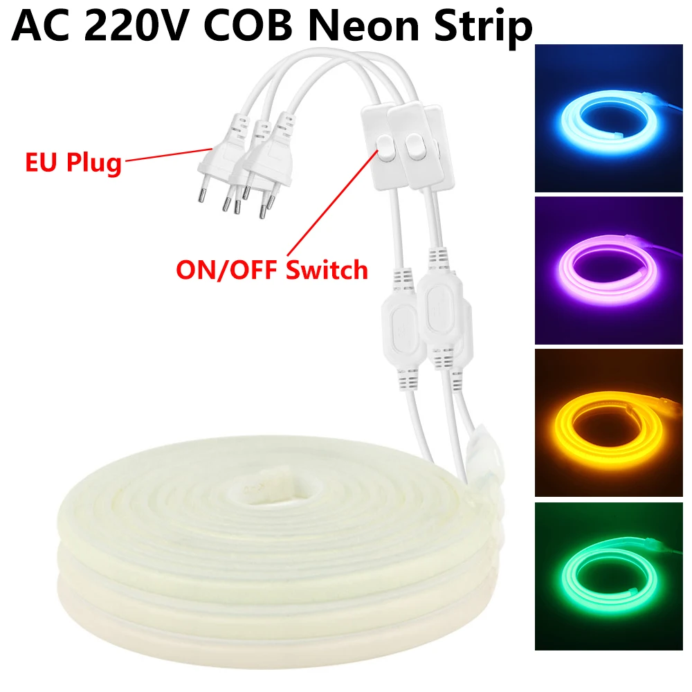 Super Bright 288Leds/m COB Led Strip with EU Switch Plug White Red Blue Green Pink Silicone Neon Tube Waterproof Flexible Tape super bright smd 5630 5730 led strip 220v 110v with eu us plug 180leds m ip67 waterproof warm white in outdoor flexible light