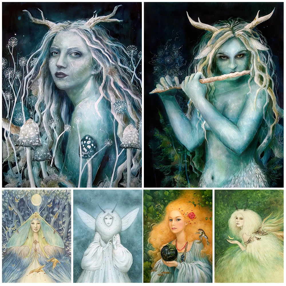 

Moth Queen And Moon Vintage Wall Art Canvas Painting Mysterious Spirit And Frog Princess Poster Print For Living Room Decoraiton