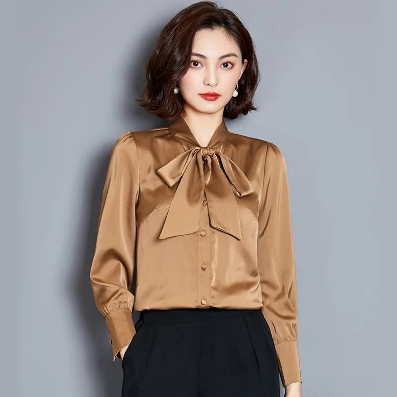 トップス S satin bow tie blouse CUPSHE Women's Satin Tops Bow Tie Lantern Long Sleeve Blouses Silk