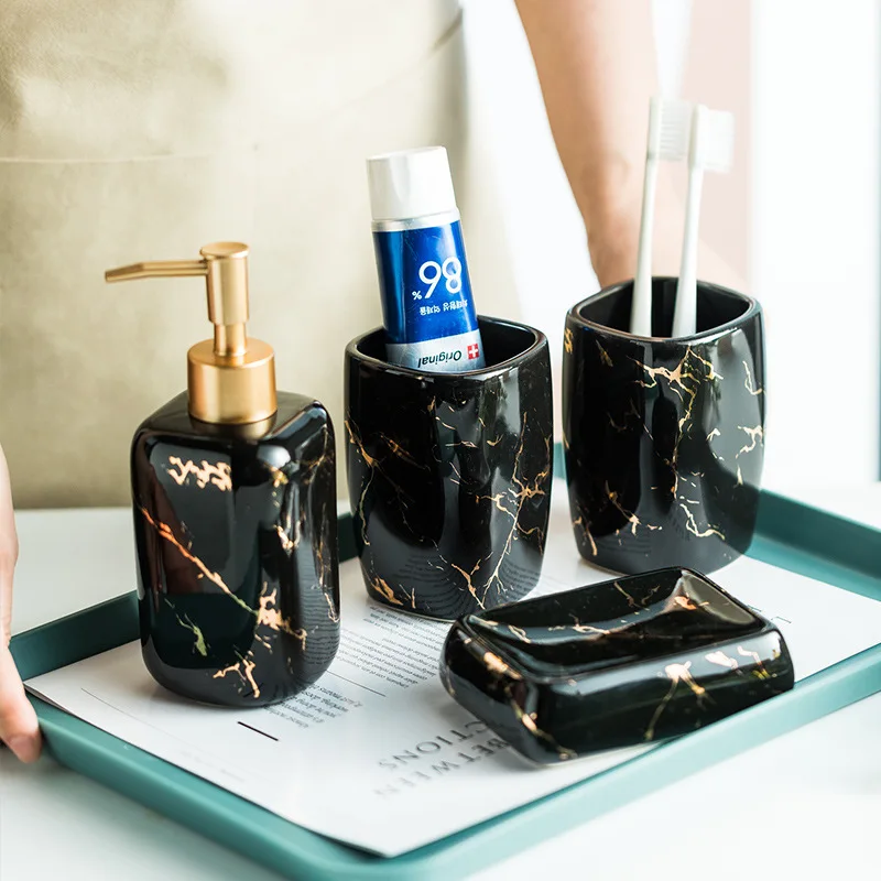 Nordic Matte Golden Ceramics Bathroom Toiletries Set Toiletries Cup Soap Dish Soap Dispenser Toothbrush Holder Tumbler