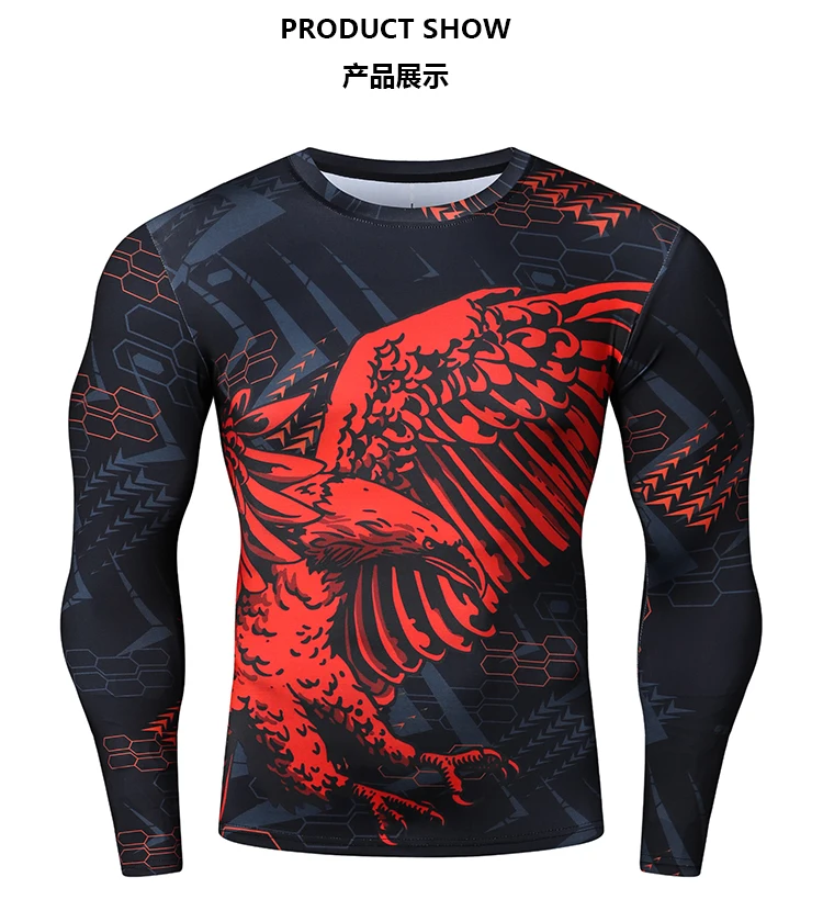 Langarm-Kompressionsshirt für Herren, T-Shirt für Herren, O-Ausschnitt, Polyester, einzigartiger Adlerdruck, ideal zum Radfahren und Fitness – Detail 1