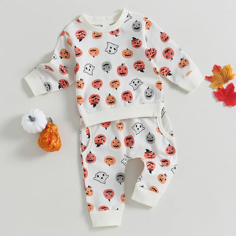 

Halloween Toddler Baby Girl Boy Pant Sets Autumn Clothes 2Pcs Outfits Long Sleeve Pumpkin Ghost Sweatshirt Tops and Pants Set