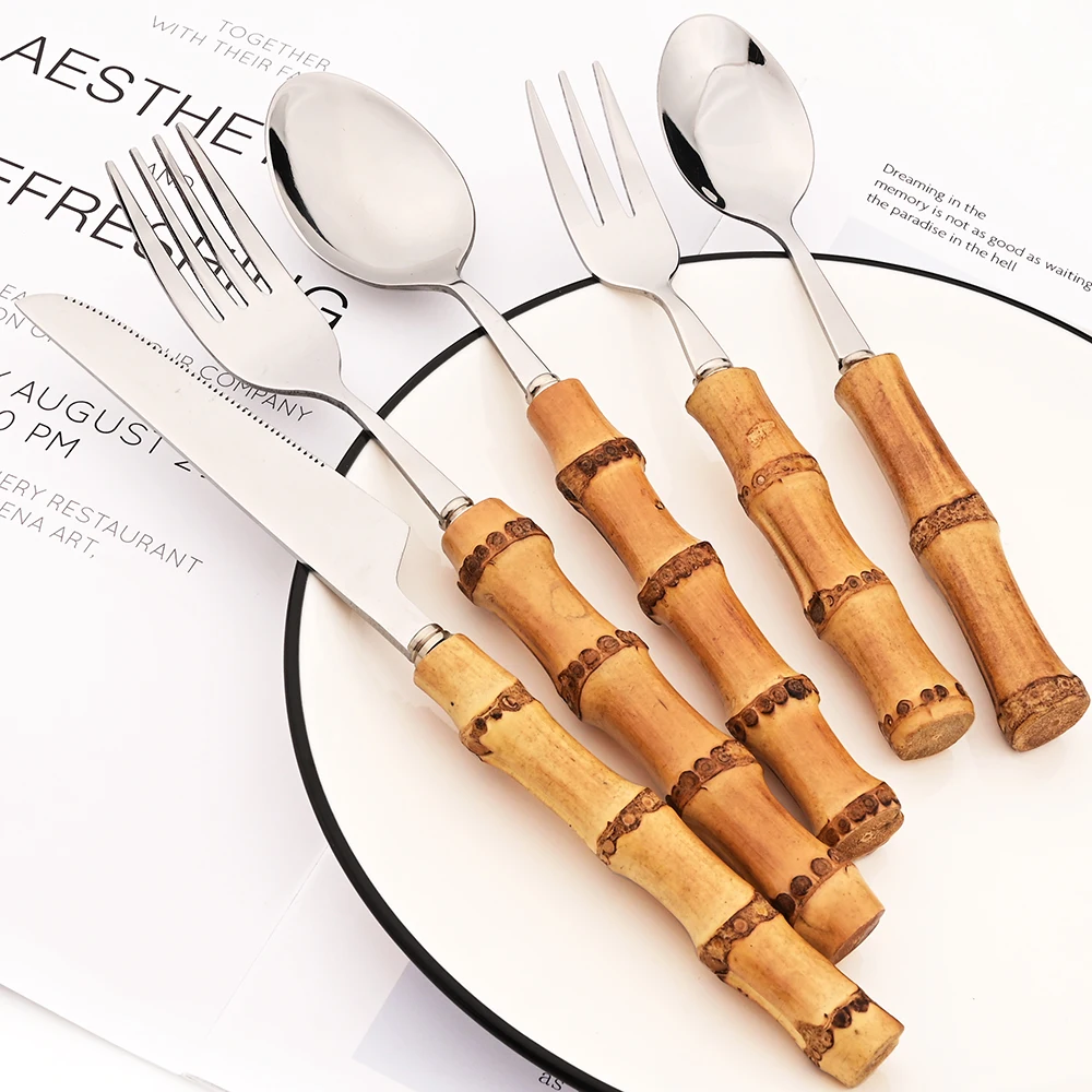 Description Picture 3 of itemWestern Flatware Set 4/20Pcs Knife Tea Fork Spoons Tableware Stainless Steel Cutlery Set Natural Bamboo Handle Dinnerware Set