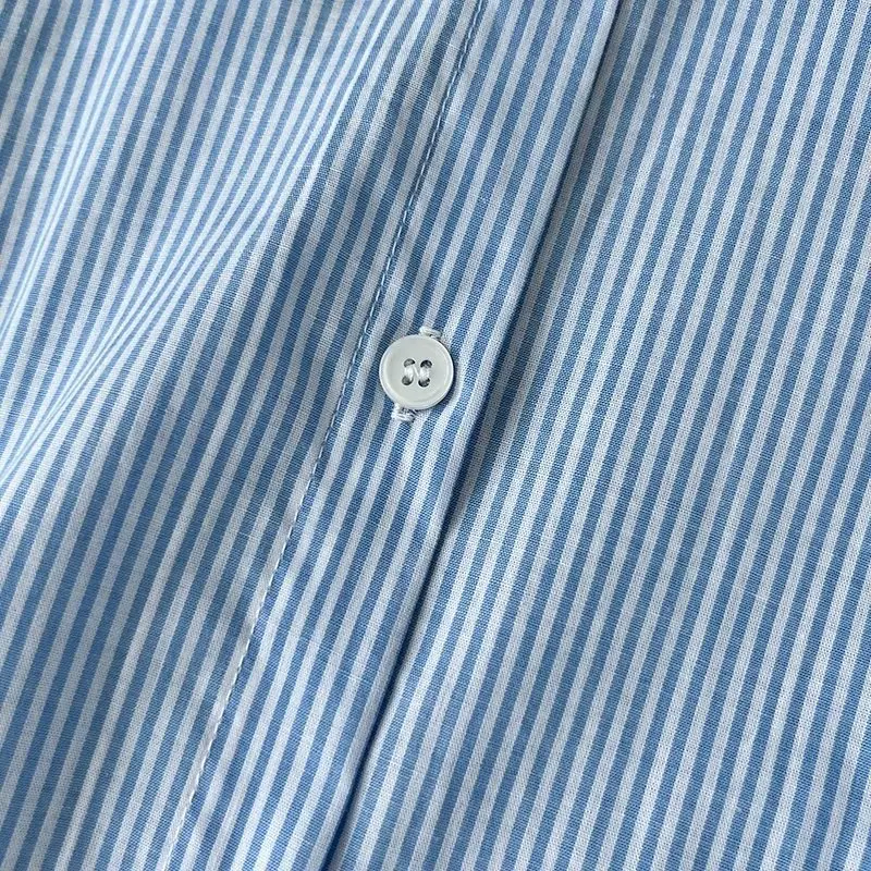 Withered French Stitching Retro Blue Striped Shirt Autumn Boyfriend Style Long-Sleeved Shirt Women's Fashion Loose Cotton T