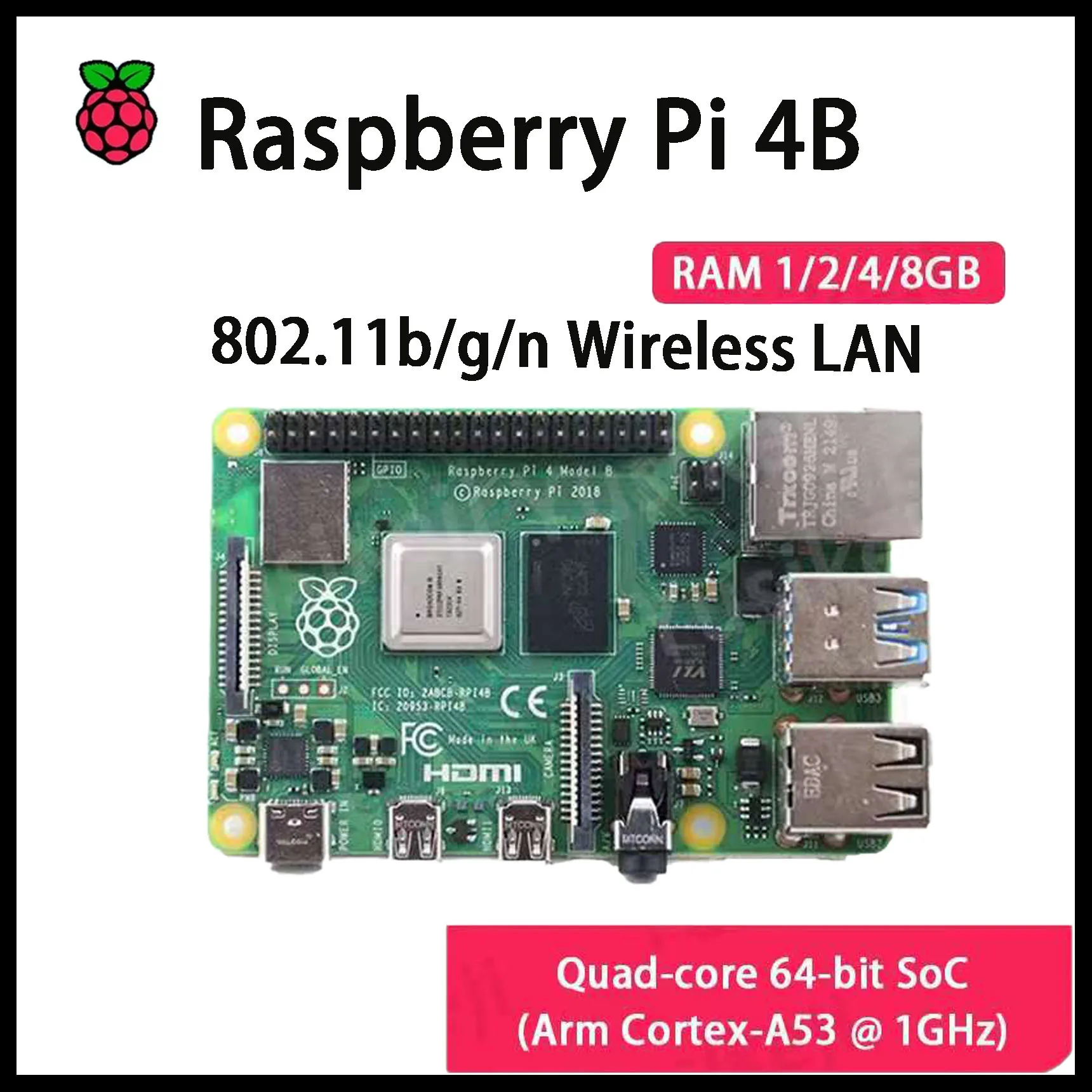 Original Raspberry Pi 4B RAM 1G/2G/4G/8GB Raspberry Pi 4 B Bluetooth4.2 BLE Wireless LAN Boardom BCM2710A1