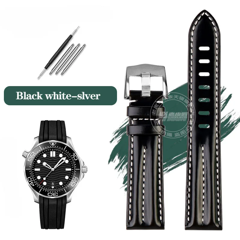 thumbnail image 1 of Correa de reloj de cuero genuino de 20 mm, 21 mm y 22 mm para Omega Seamaster 300 007 Speedmaster AT150 AT150H Ocean Universe para hombre, color negro, 1 of 5