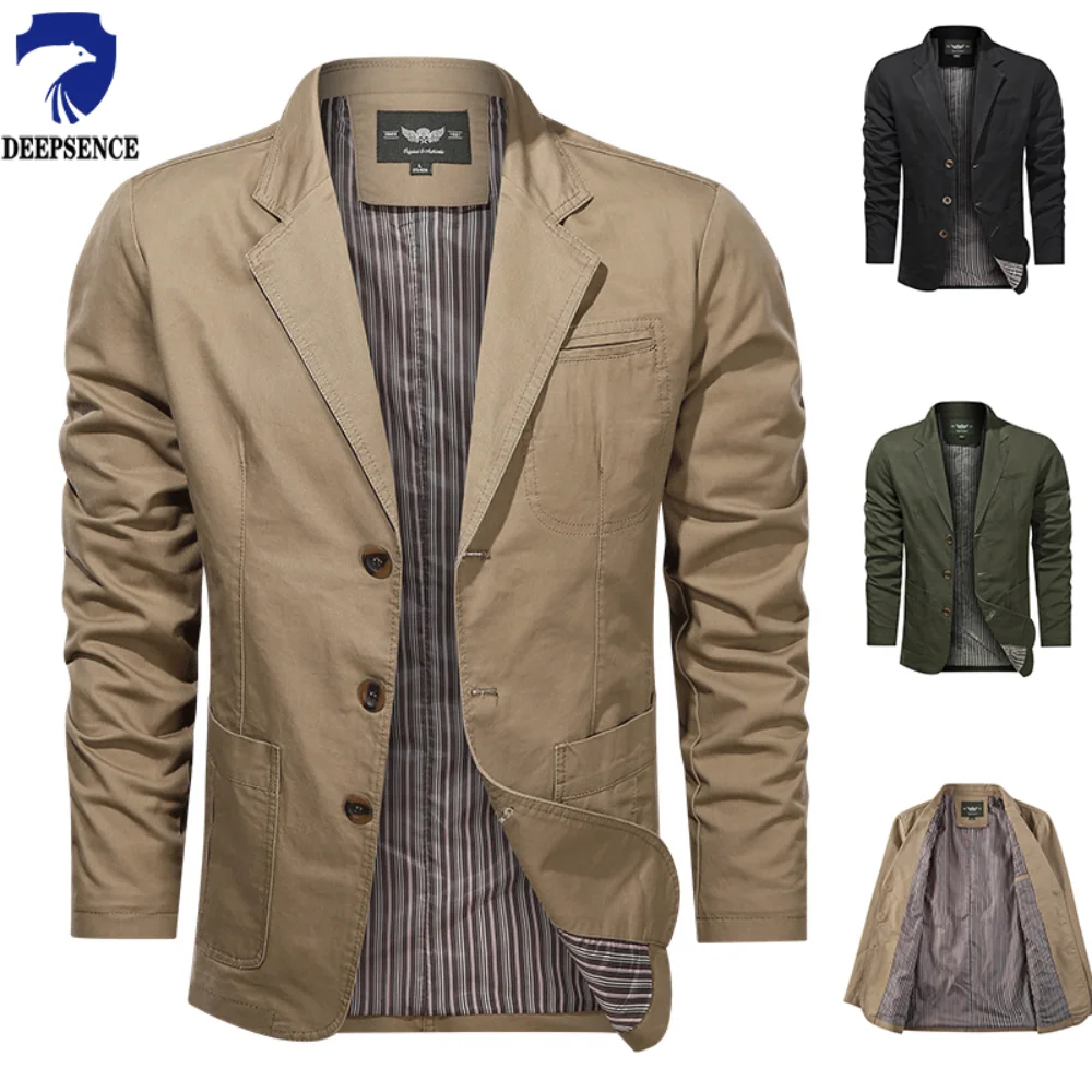 Mens blazer retro solid color suit three-breasted suit multi-pocket jacket coat
