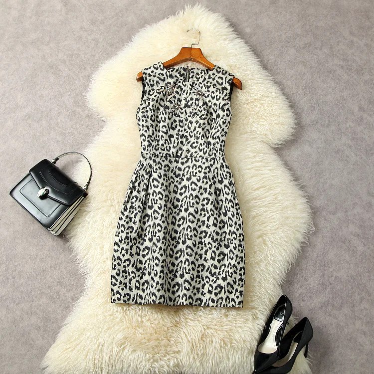 

European and American women's clothes 2023 spring new Sleeveless beading Round neck fashion Leopard print dress