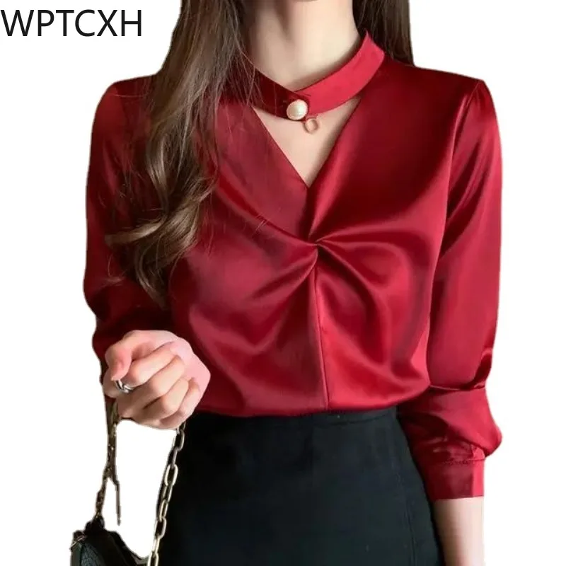

Shirts for Women Satin Beading Halter V-Neck Blouses Spring New Elegant Fashion Office Lady Long Sleeve Loose Commuter Top