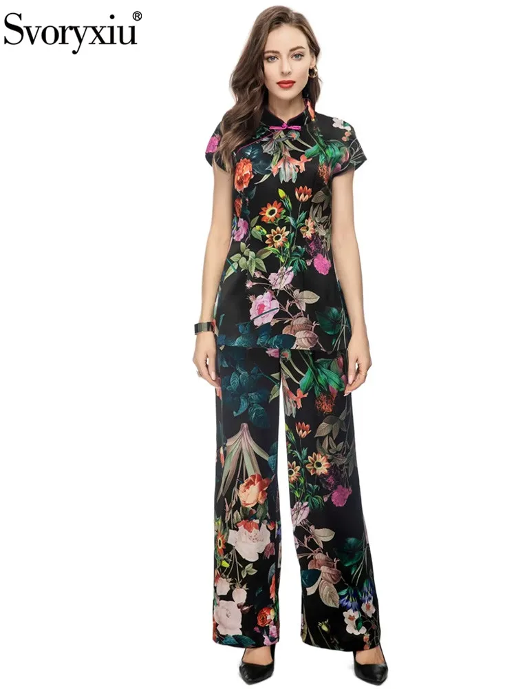 

Svoryxiu New Summer Designer Fashion Vintage Flower Print Trousers Suit Women's Short Sleeve Silk Tops+Regular Waist Trousers