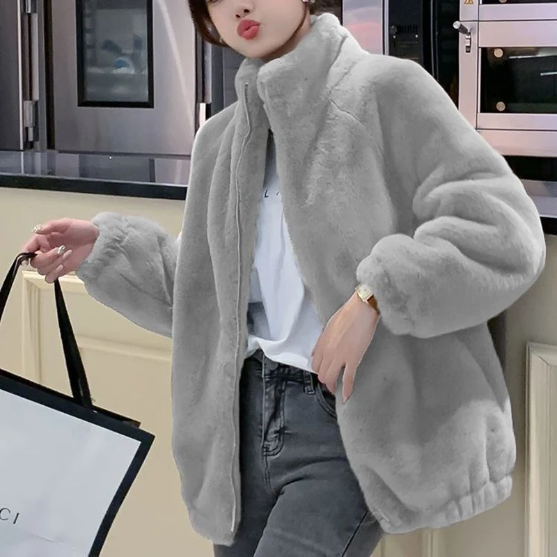 Casual Stand Collar Winter Jacket Women Solid Faux Fur Coat Oversized Vintage Zipper Plush Thick Cardigans Outwear Plus Size