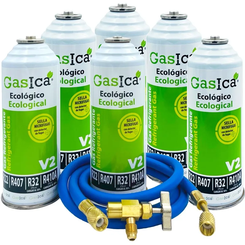 Pack 6 Bottiglie Gas Refrigerante Gas V2 - R22-R32-R407-R290-R410A + 5/16 Tubo Di Ricarica X1/4 + Valvola