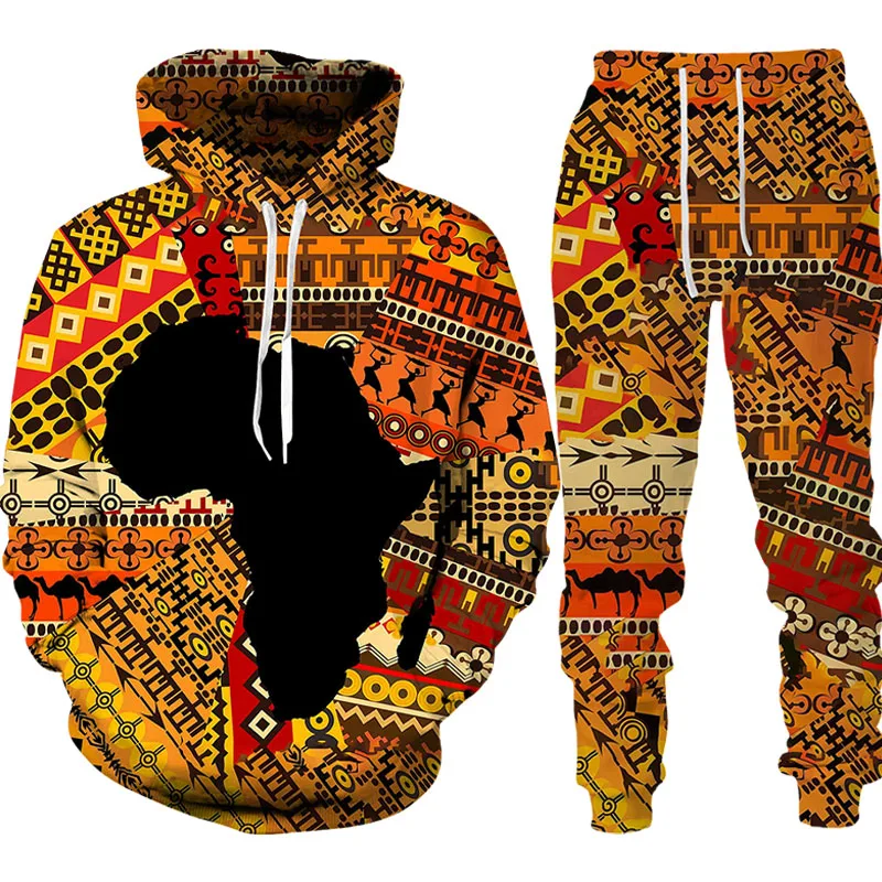 Folk Custom 3D Printing Men's Ladies Hoodie + Pants Two Piece Loose Long Sleeve Sweatshirt African Ethnic Style Dan Color Men's new high end luxury long sleeve blazer women designer fake two piece jacket office ladies spring autumn coats casual