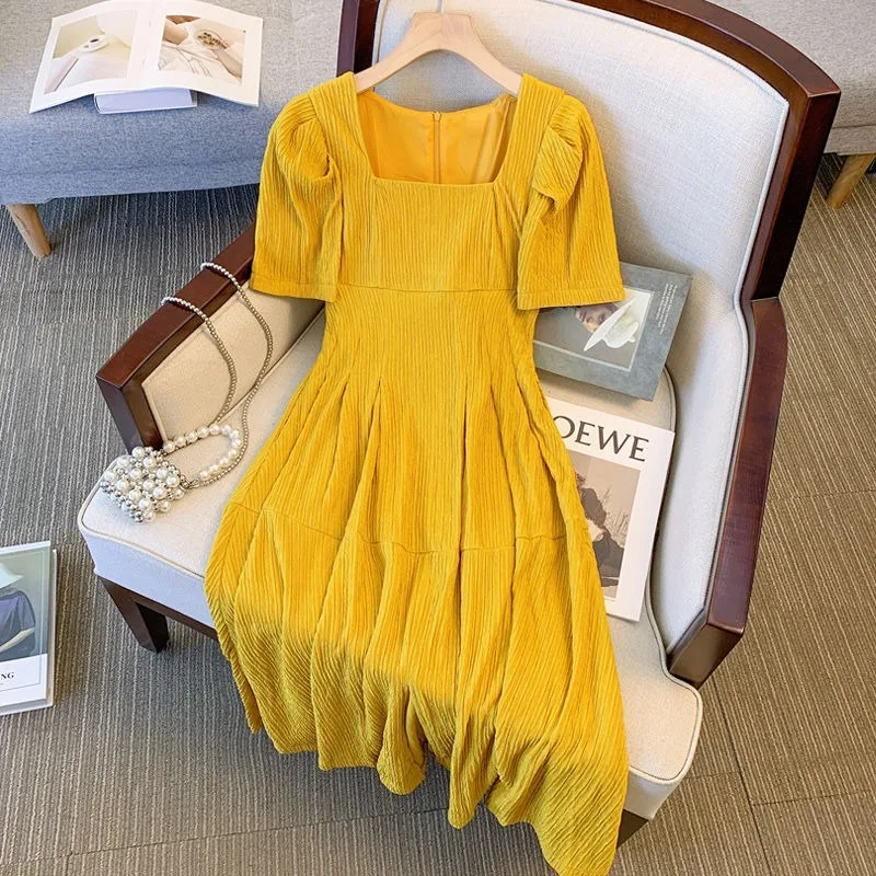 

Solid Color Advanced Sense Temperament Square Neck Short-Sleeved A-Word Dress 2024 Summer New Korean Style Commuting Vestido