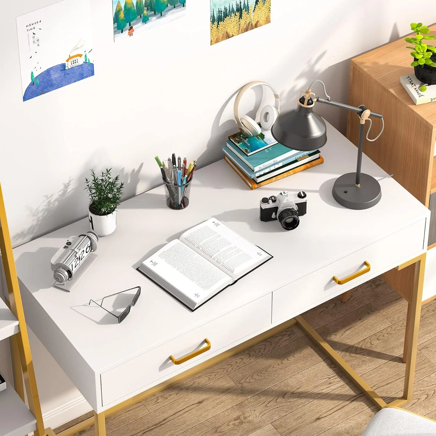 Computer Desk with 2 Drawers, White and Gold Desk Modern Writing Desk Study Table for Home Office, Bedroom (White/Gold) 5