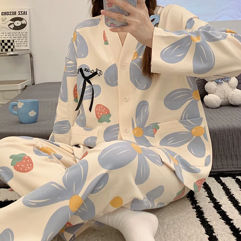 2024 Winter Autumn Cute Pajama Woman Sleepwear Long Sleeve Tops Pants 2 Piece Pyjamas Solid Lingeries Sets for Women Nightwear