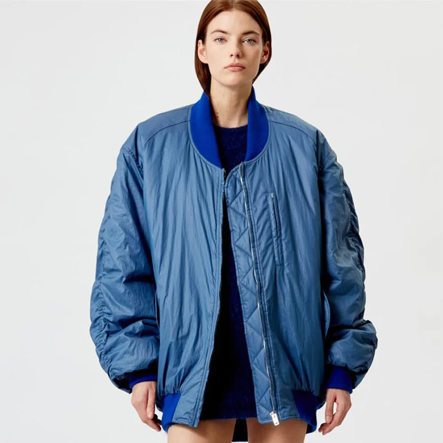 

Winter French New Style 22 O neck zipper Cotton coat Casual women jacket fashion loose short lady cotton jacket coat blue jacket