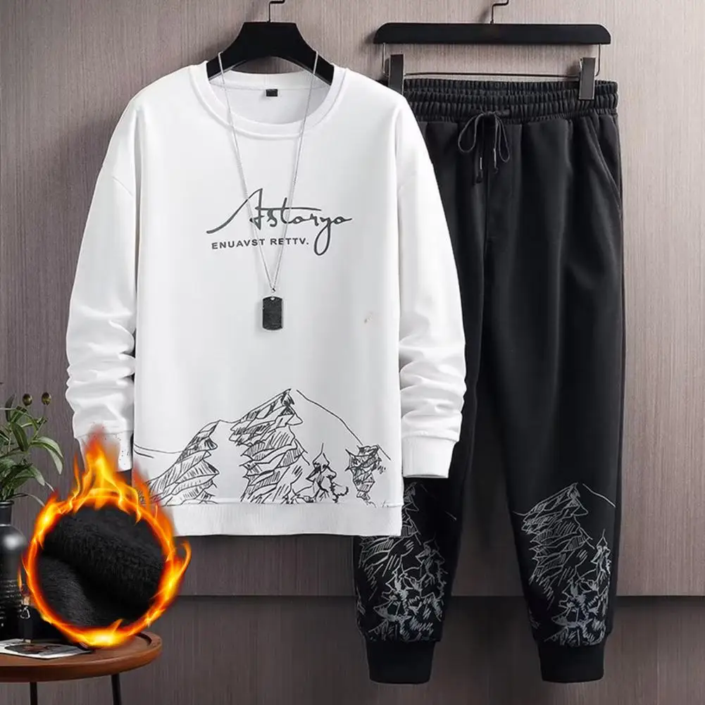 

Men Sweatshirt Sweatpants Snowy Mountain Print Long Sleeve O-Neck Plush Sportswear Set Autumn Winter Pullover Drawstring Pants