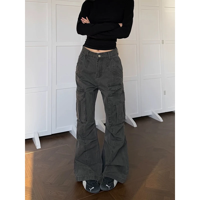 YIBASHU Women Vintage Gray Gothic Cargo Jeans Y2k High Waist Wide Leg Denim Trousers Harajuku Baggy Jeans Pants 2000s Clothes 2