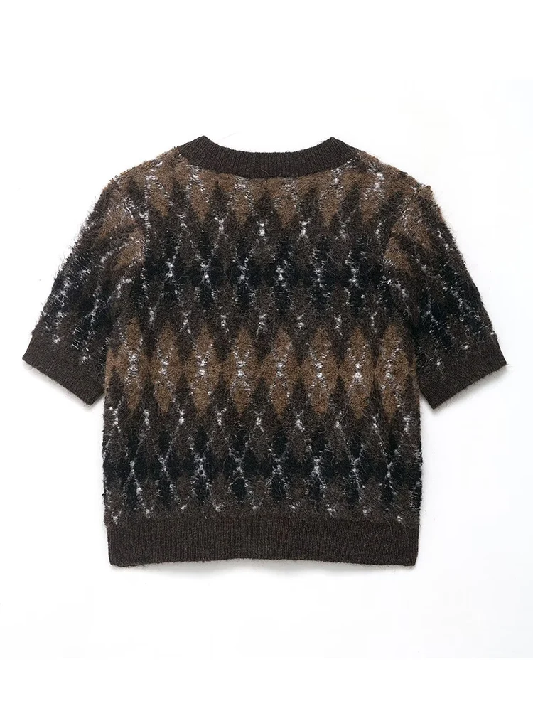 Women Elegant Knitted Short Cardigans 2025 Autumn  New Fashion Printing Short Sleeve Sweater Cardigan Casual Knitwear Top