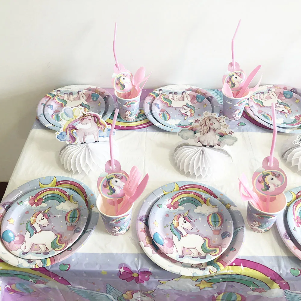 Birthday Party Supplies New Children&rsquo;s Rainbow Unicorn Birthday Party Disposable Tableware Set Paper Cup Paper Towel Unicorn Balloon Party Decoration