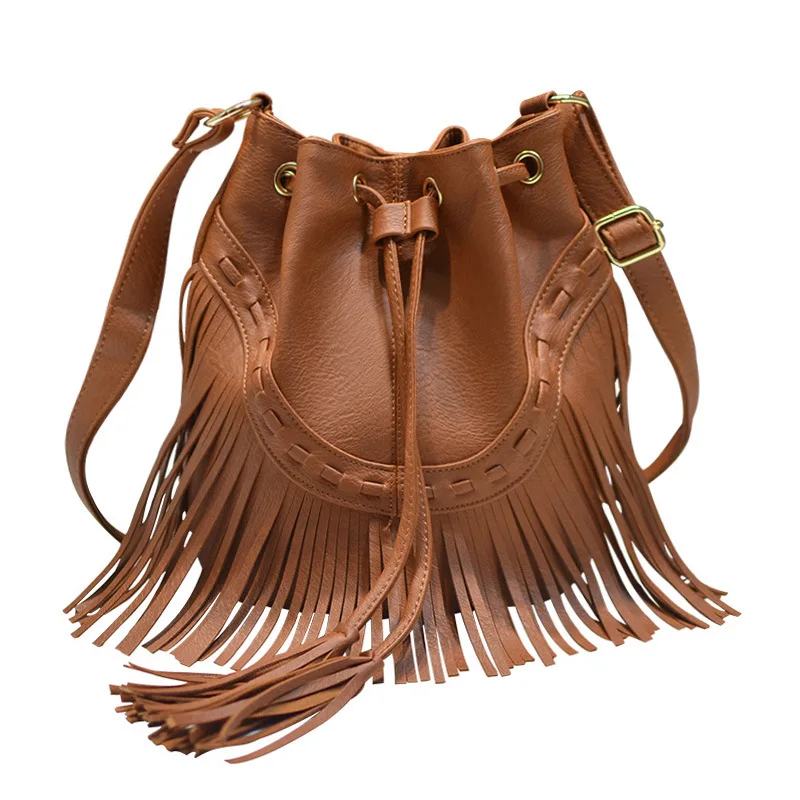 

iPinee niche design casual drawstring handmade tassel bucket bag high-value PU leather shoulder crossbody bag