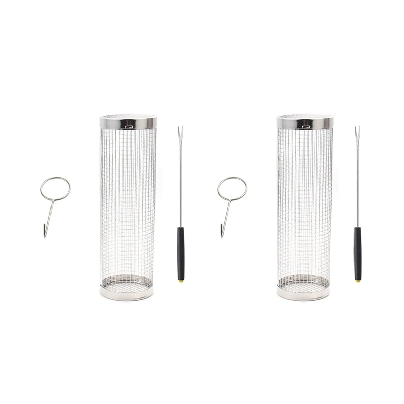 

2Pcs Rolling Grill Basket - Greatest Grill Basket Ever, Round Stainless Steel Grill Mesh, Camping Grill Easy To Use