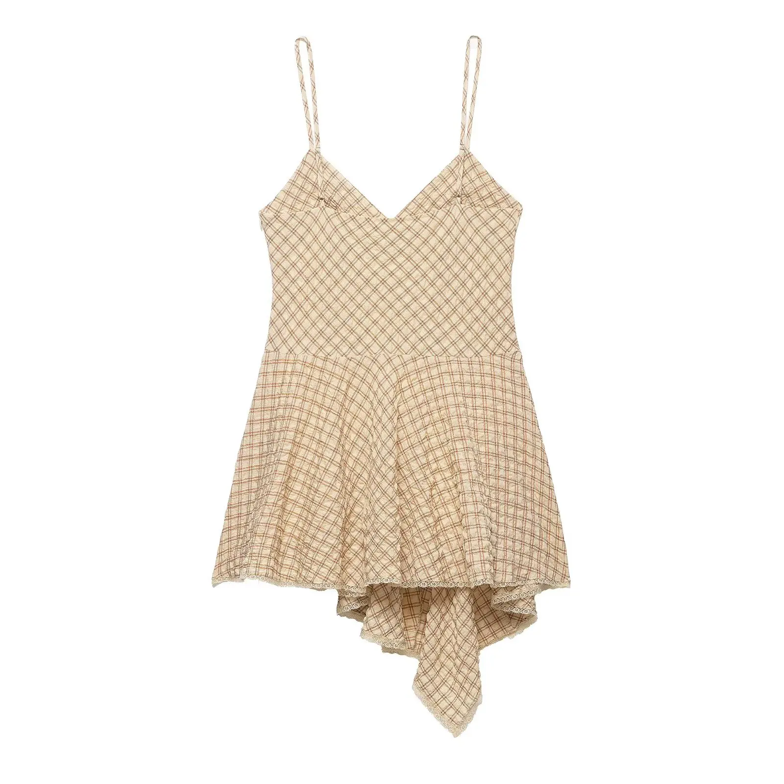 HH Damen Sommer Mode Elegantes V-Ausschnitt Ärmelloses Rückenfreies Minikleid mit Seitenreißverschluss, Spitze und Asymmetrischem Karomuster – Detail 3